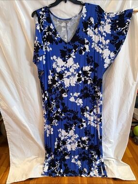 Jessica London Blue/Black/White Floral V-Neck Women’s Dress, 22W
